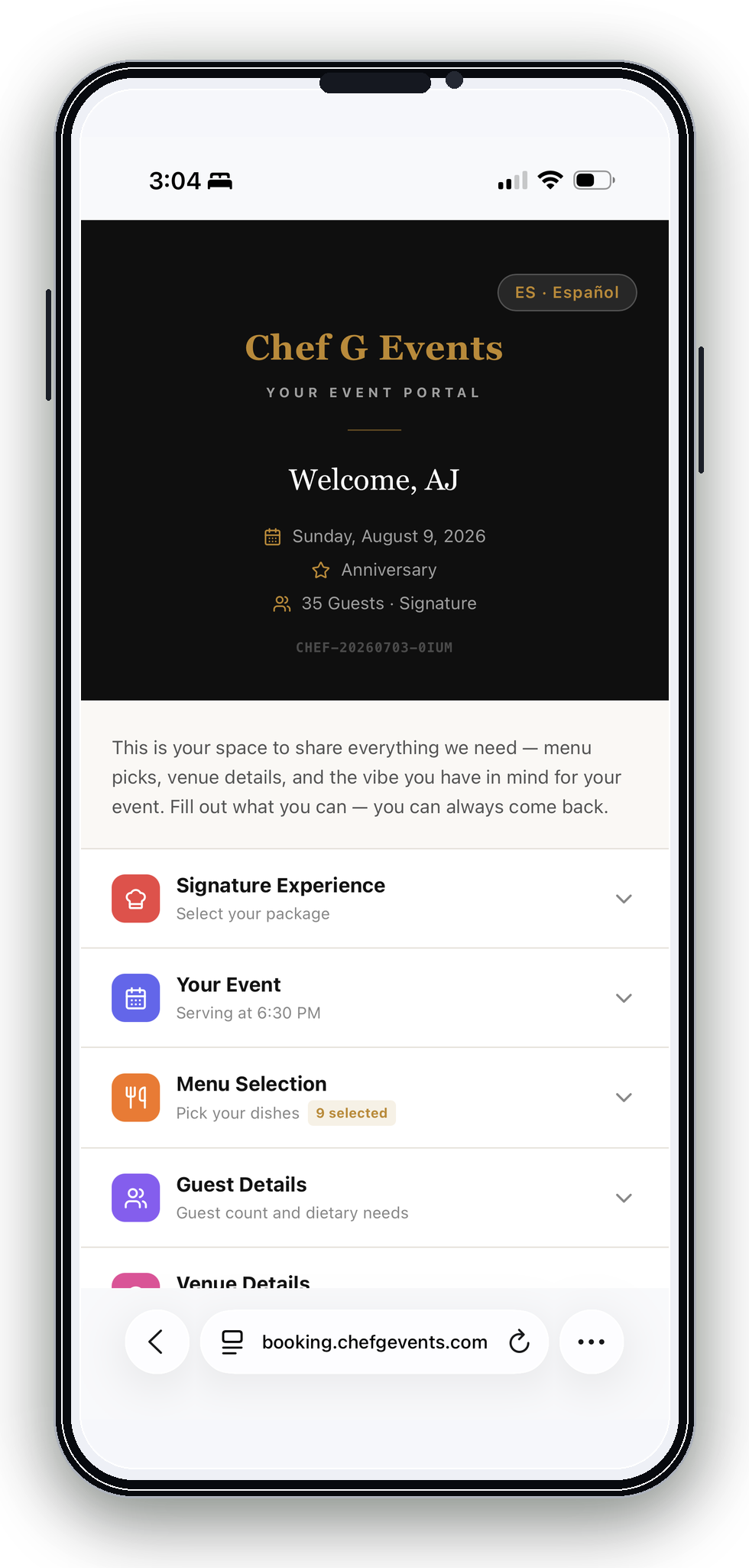 Secure client portal home screen.