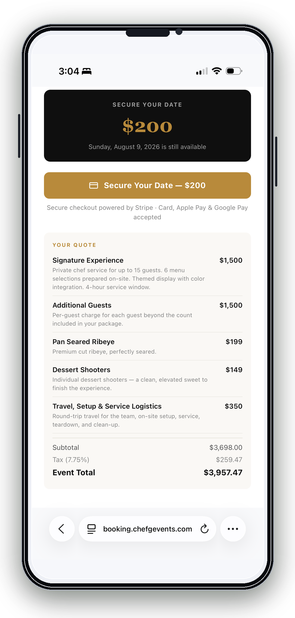 Retainer checkout — the date locks when the money's in.