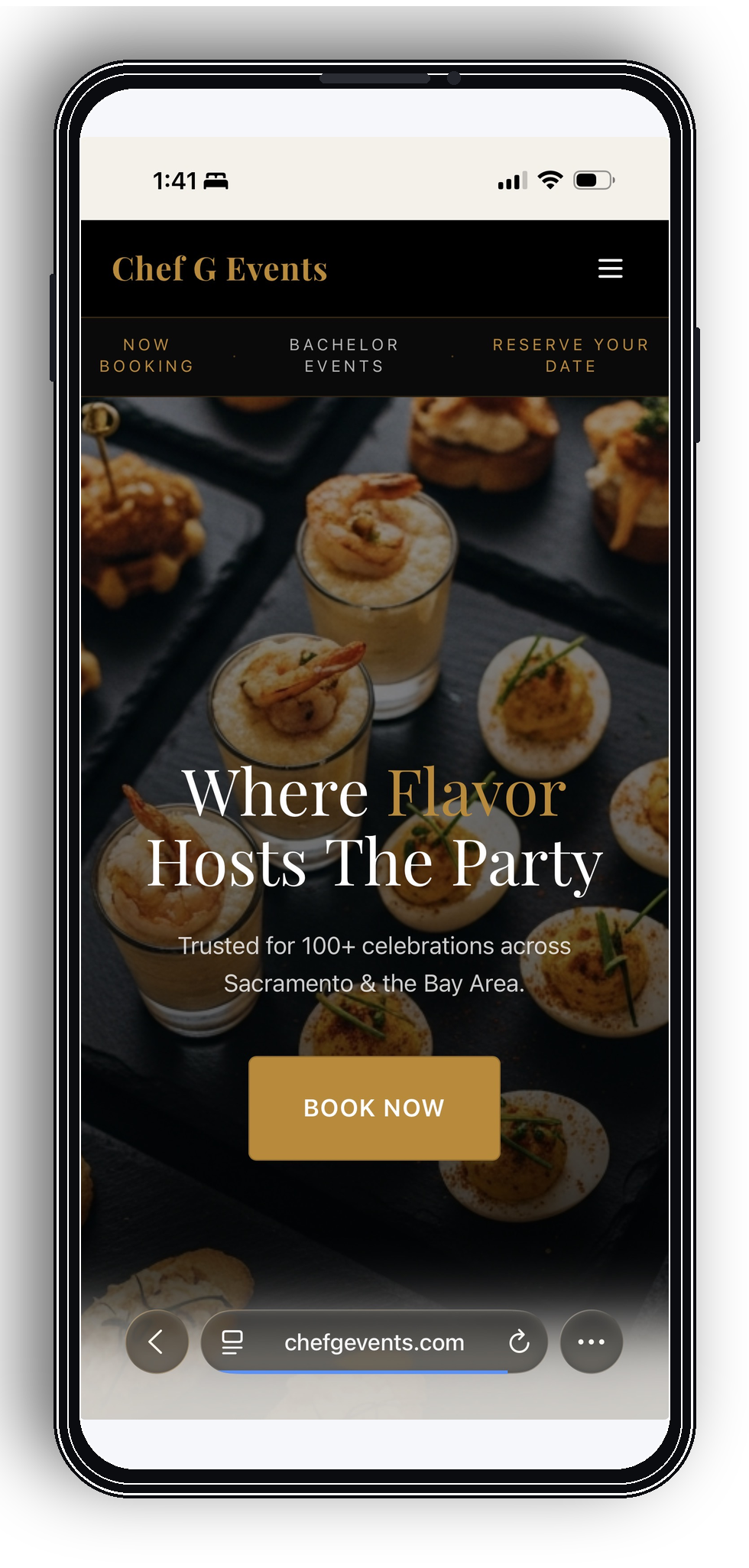 Chef G Events website — the customer entry gate.